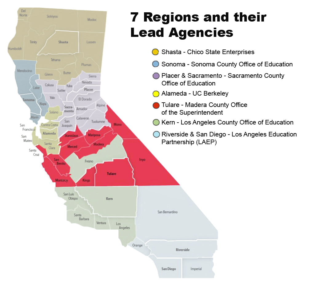 map of California highlighting the 7 regions and the lead agencies, - Shasta, Placer & Sacraments, Alameda, Tulare, Kern, Riverside & San Diego