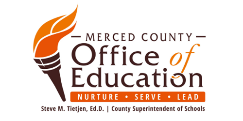 Logo for Merced County Office of Education featuring a torch and banner reading Nurture, serve, lead. Steve M Tiejen, Ed.D. County Superintendent of Schools