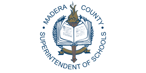 Logo for Madera County Superintendent of Schools featuring an open book in front of a torch