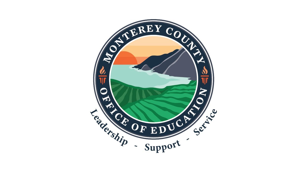 Logo for Monterey County Office of education Leadership, Support, Service featuring a field, water and mountains.