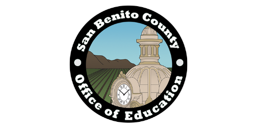 Logo for San Benito County Office of education featuring a building and clock in front of a field